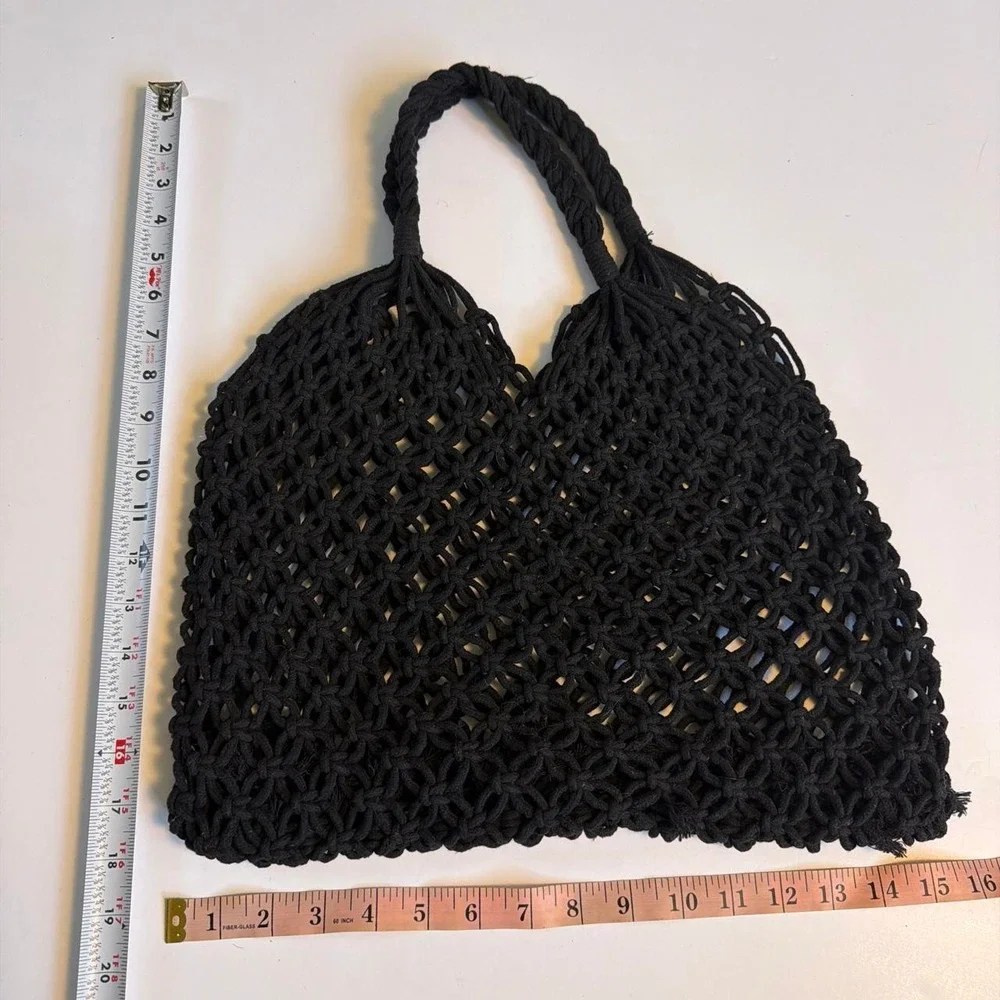 Black Crochet Whimsigoth Fairy Grunge Macrame Small Tote Bag Boho Beach Purse